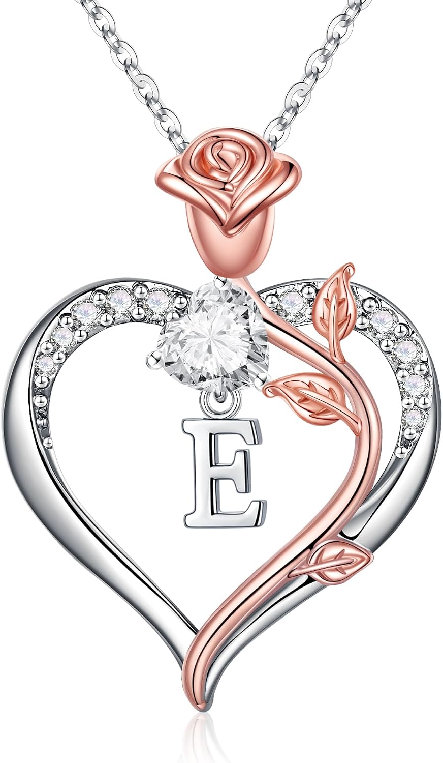 TINGN Rosen-Herz Halskette 14K Weissgold mit Zirkonia und Gravur Initialen