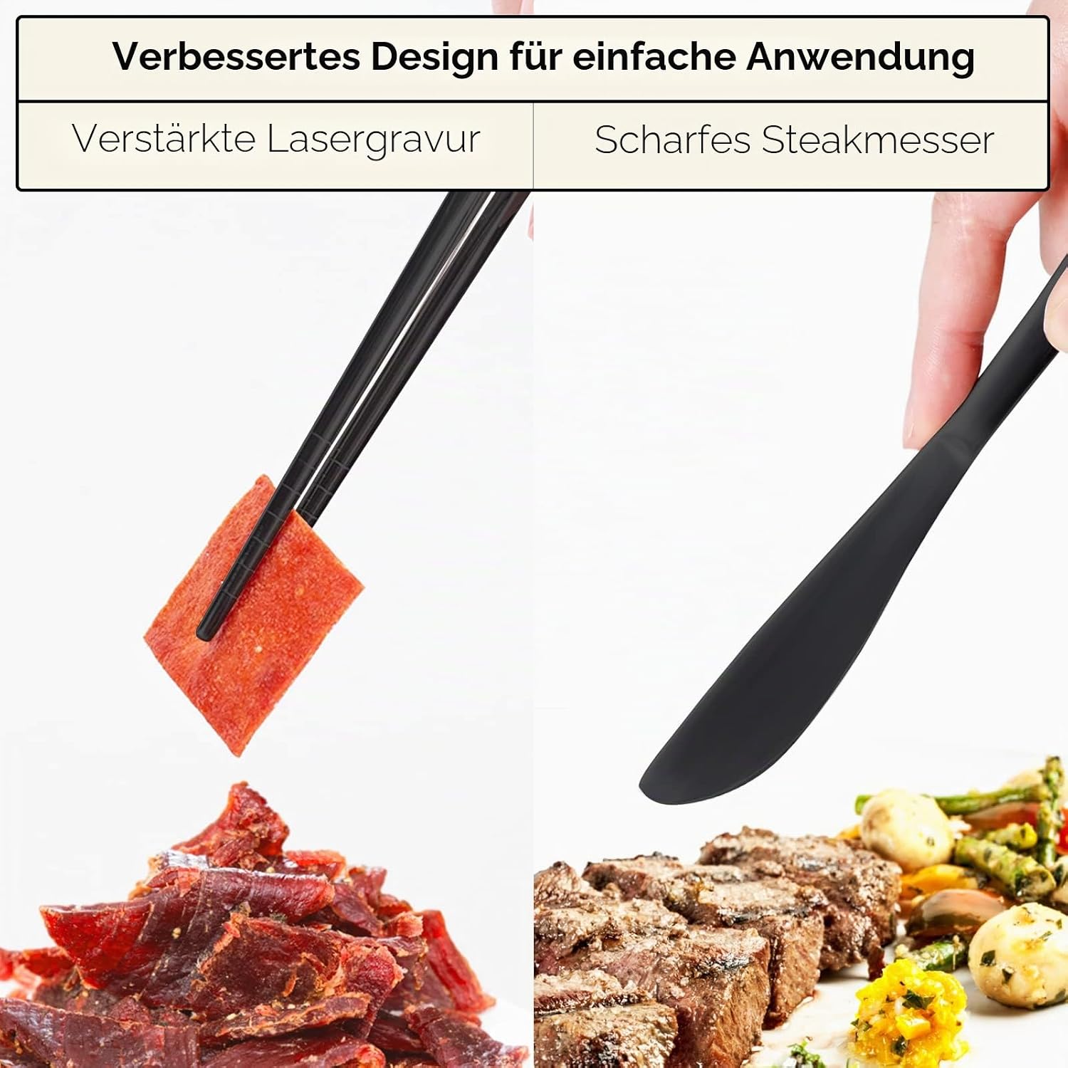 Quatish Campingbesteck 5-teilig aus Edelstahl mit Etui Schwarz