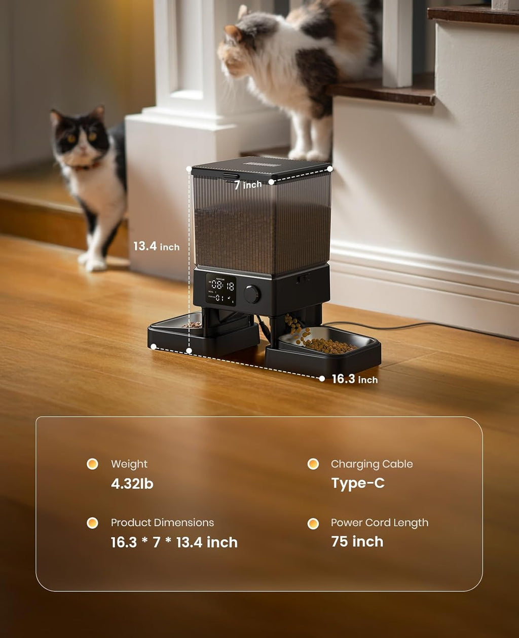oneisall Katzenfutterautomat mit 2 Edelstahlnaepfen, App & Sprachaufnahme