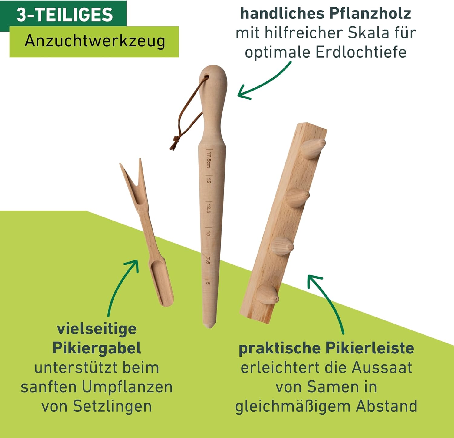Anzuchtset 3-tlg Buchenholz Pikierstab Pflanzholz Gartenwerkzeug