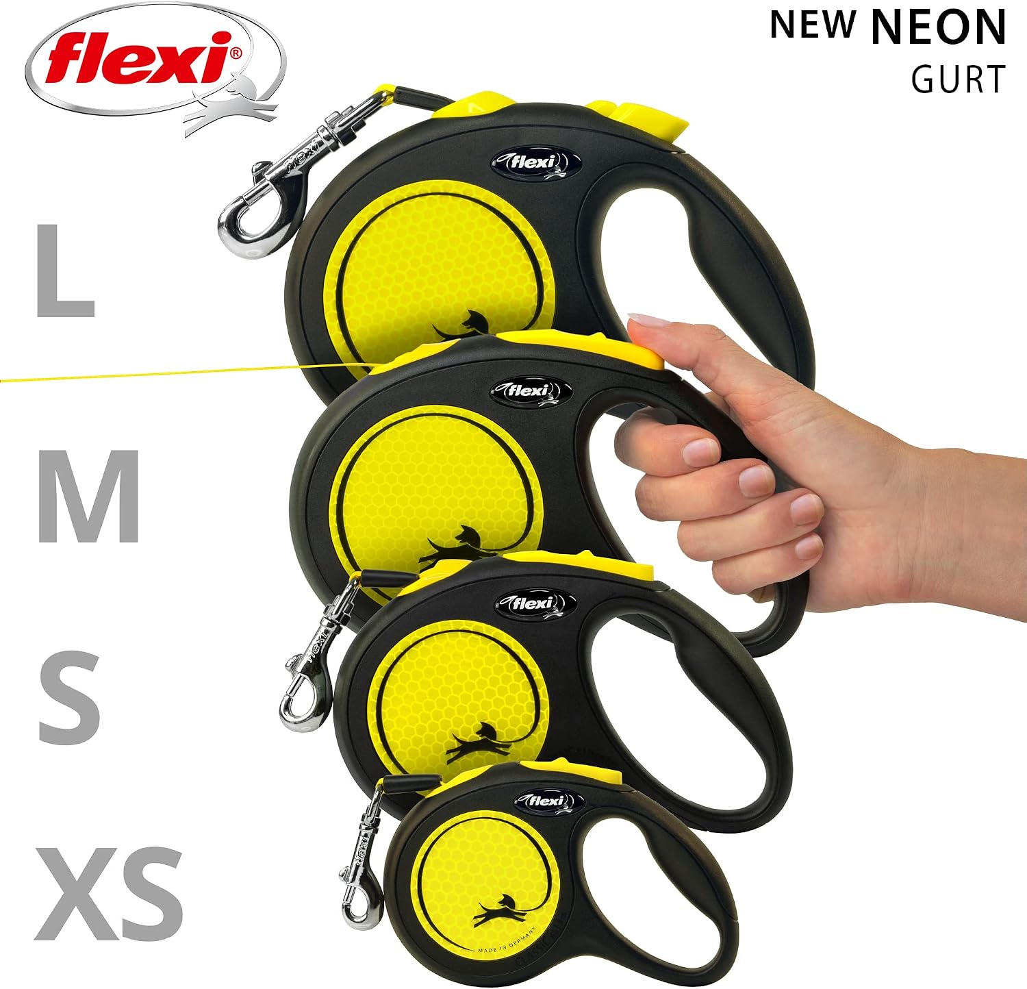 flexi Neon S 5m Roll-Leine schwarz mit neon-gelbem Gurt fuer Hunde bis