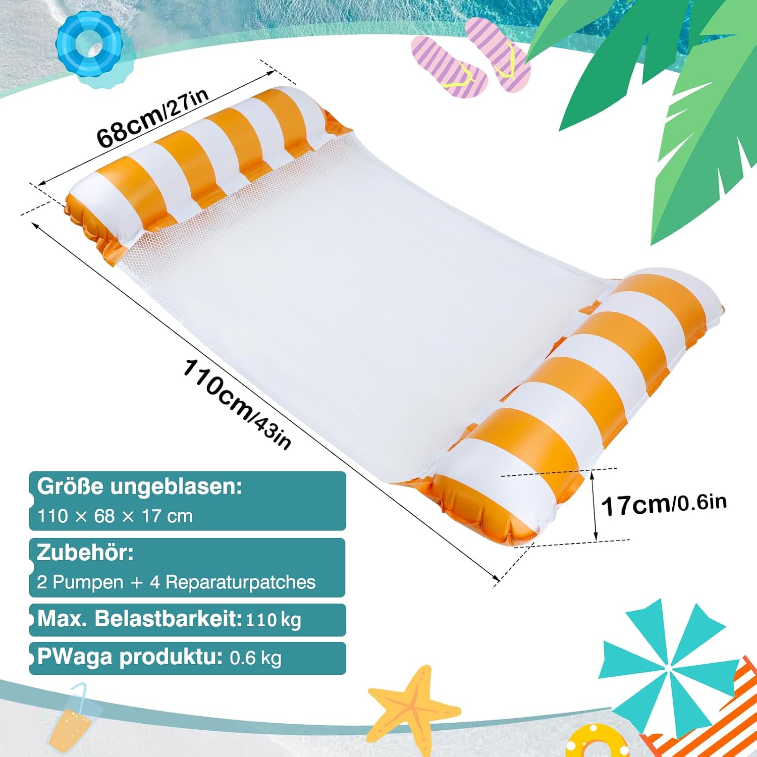 CYFIE Wasserhaengematte 4in1 aufblasbar mit Netz und Luftpumpe, 2er Set