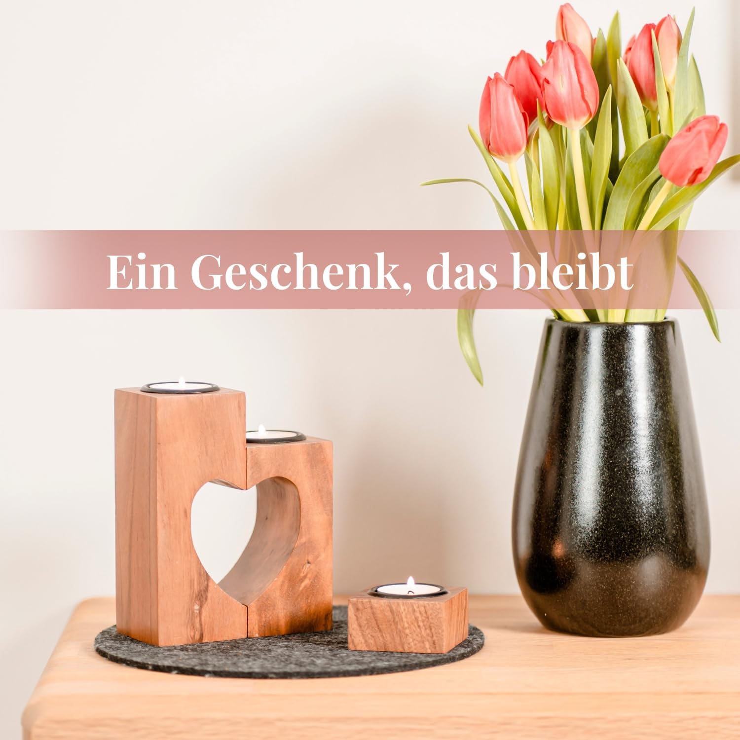 Teelichthalter Herz 3er Set aus Akazienholz 15 cm Valentinstag Geschenk