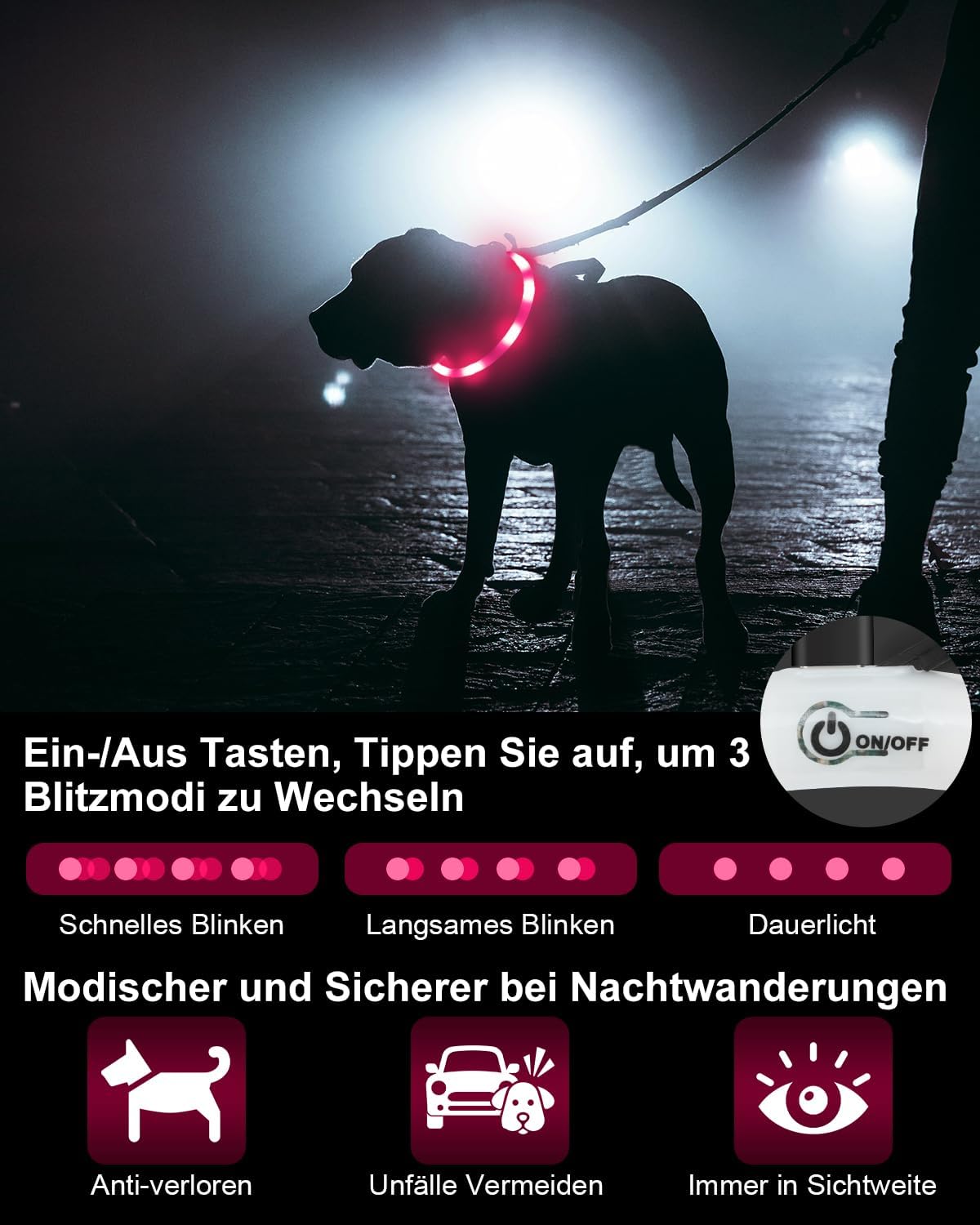Joytale LED Leuchthalsband USB aufladbar Rosa - 3 Modi fuer kleine bis grosse Hund