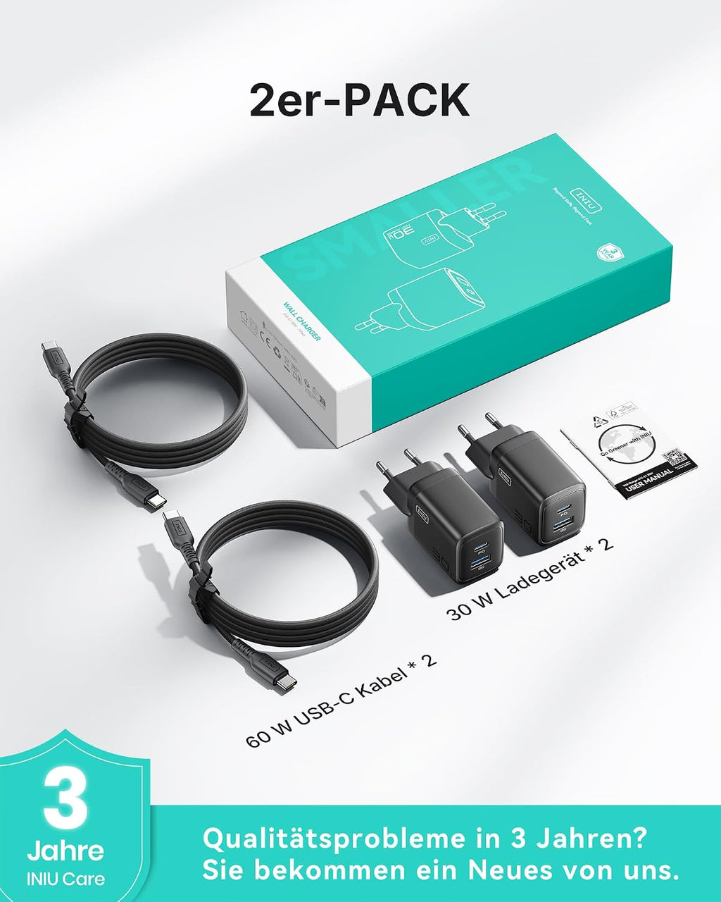 INIU 30W USB-C Netzteil 2er Set mit USB-C und USB-A Kabel, GaN Schnellladegeraet