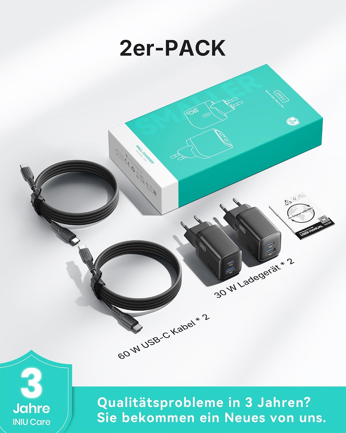 INIU 30W USB-C Netzteil 2er Set mit USB-C und USB-A Kabel, GaN Schnellladegeraet