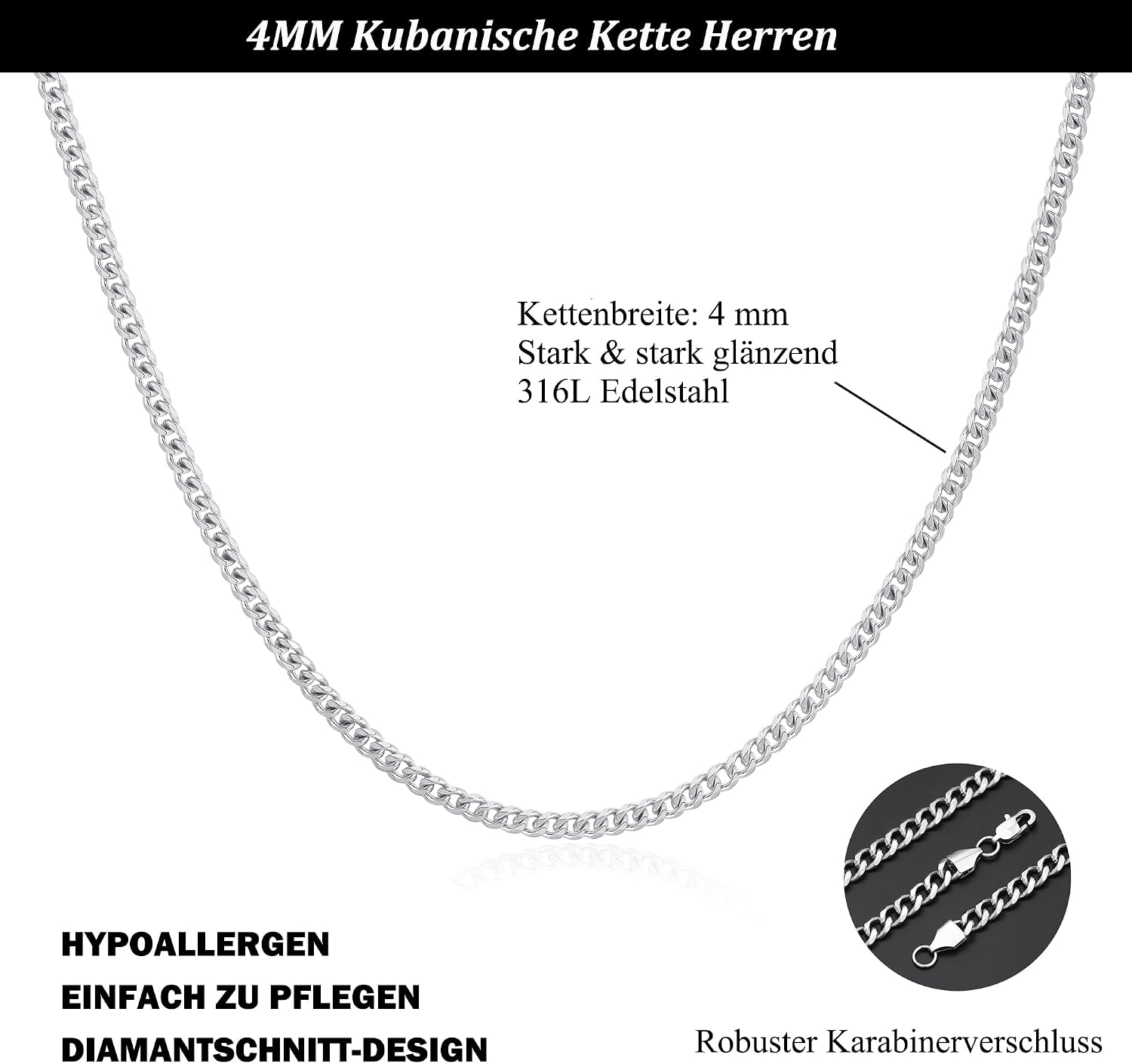FUNEIA Herren Panzerkette Edelstahl Silber Cuban Chain 46cm-61cm