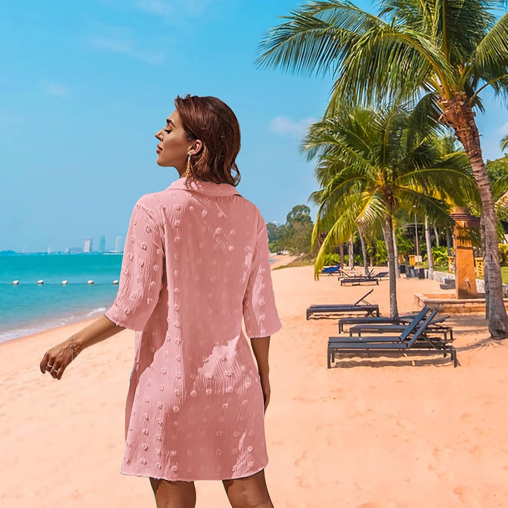 Strandkleid Damen V-Ausschnitt Baumwolle Cover-Up Strandtunika M-XL