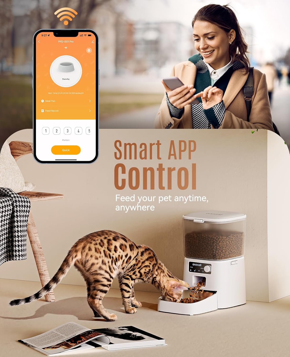oneisall Futterautomat fuer Katzen 3,5L mit WLAN App und Edelstahlnapf
