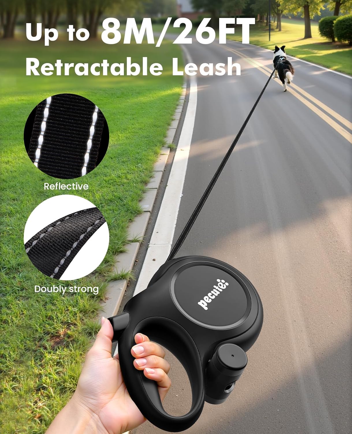pecute 8 m Roll-Leine reflektierend 360° Anti-Verwicklung mit Kotbeutelhalter