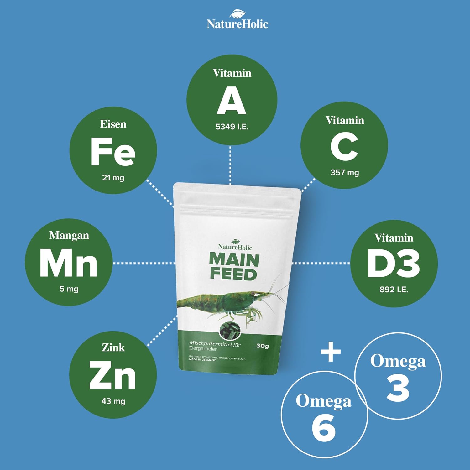 NatureHolic Garnelenfutter Mainfeed 30g - Fischmehlfrei, Panzeraufbau