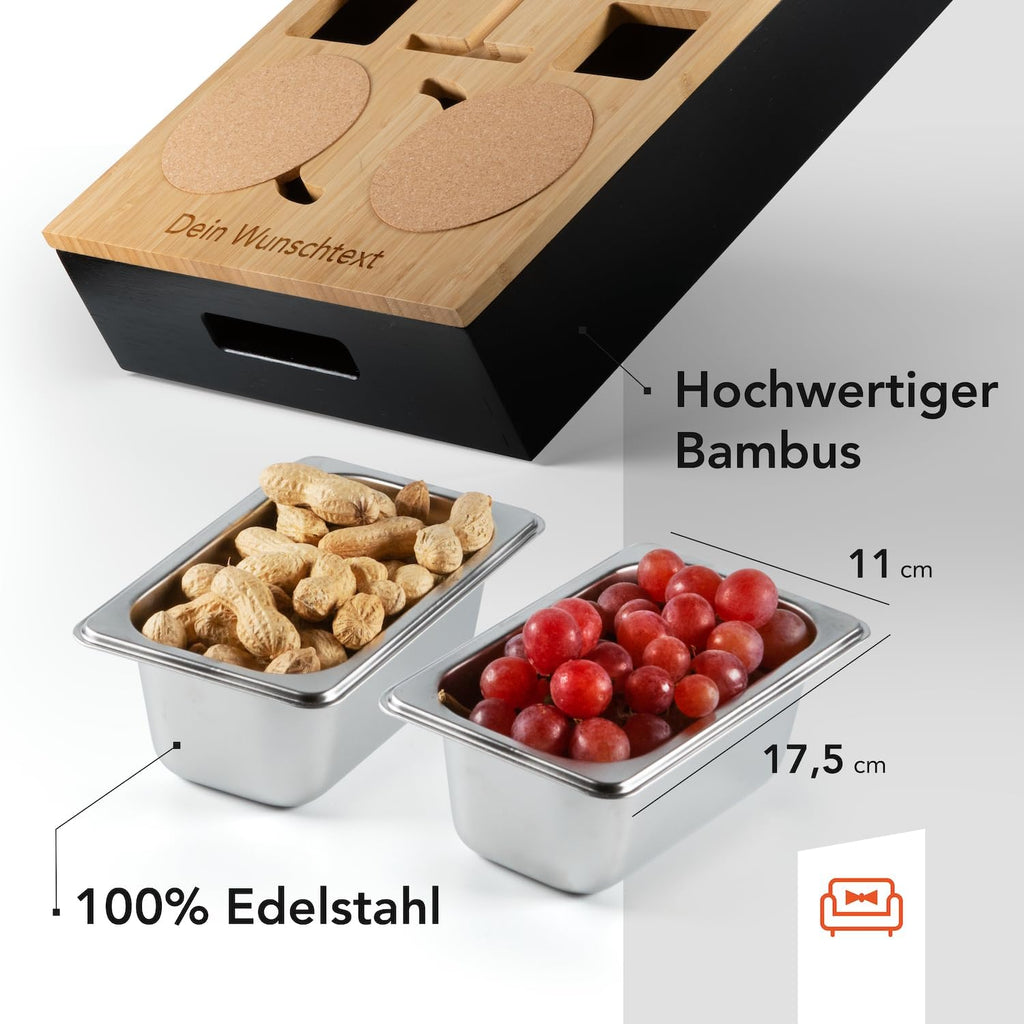 Couchbar Bambus Snackbox mit 2 Schalen, 2 Getraenkehaltern, Handyhalter Schwarz