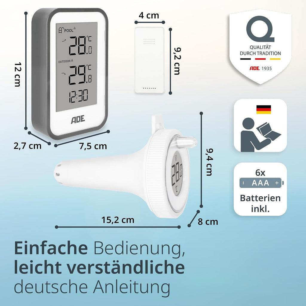 ADE schwimmendes Poolthermometer mit Aussensensor fuer Pool Whirlpool Teich