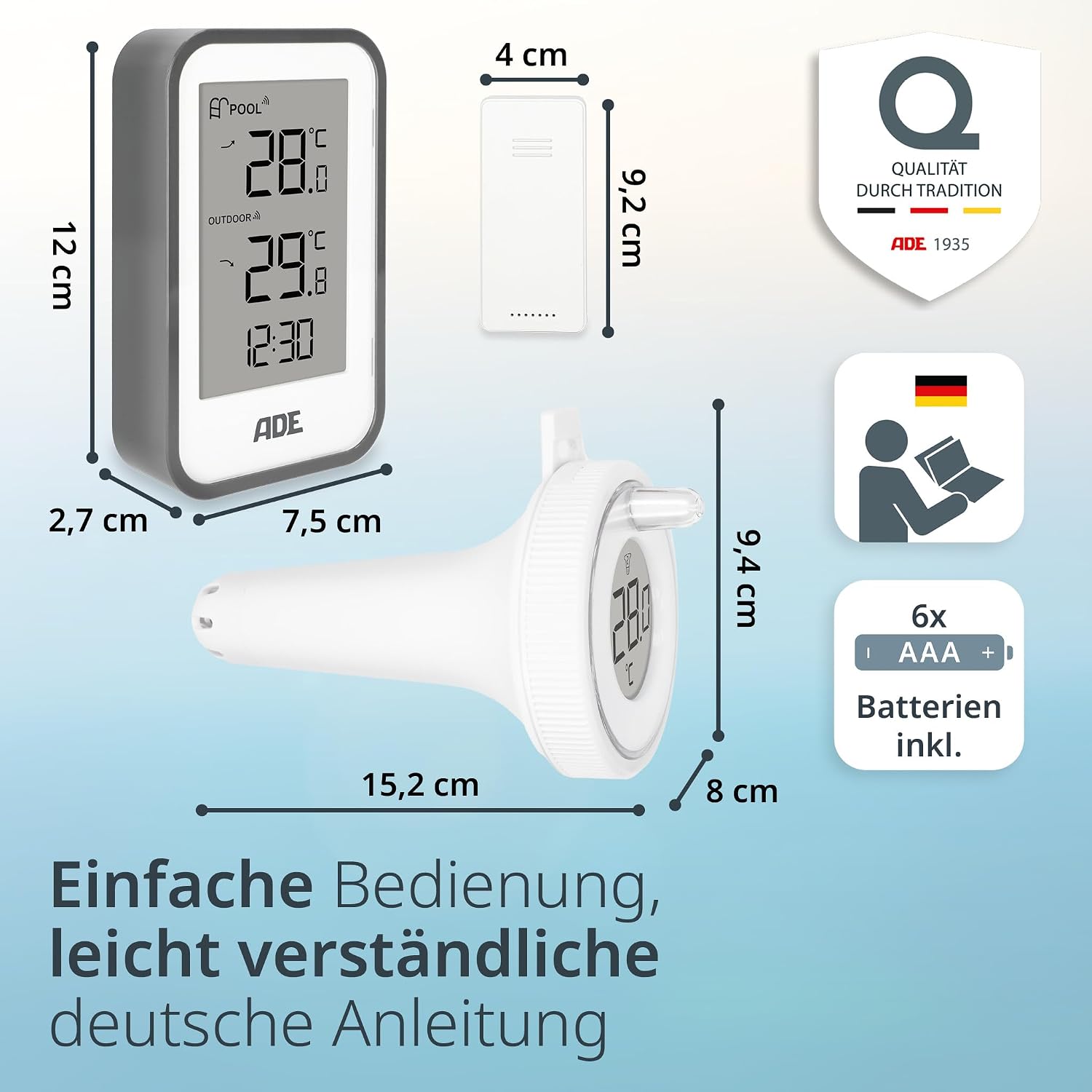 ADE schwimmendes Poolthermometer mit Aussensensor fuer Pool Whirlpool Teich