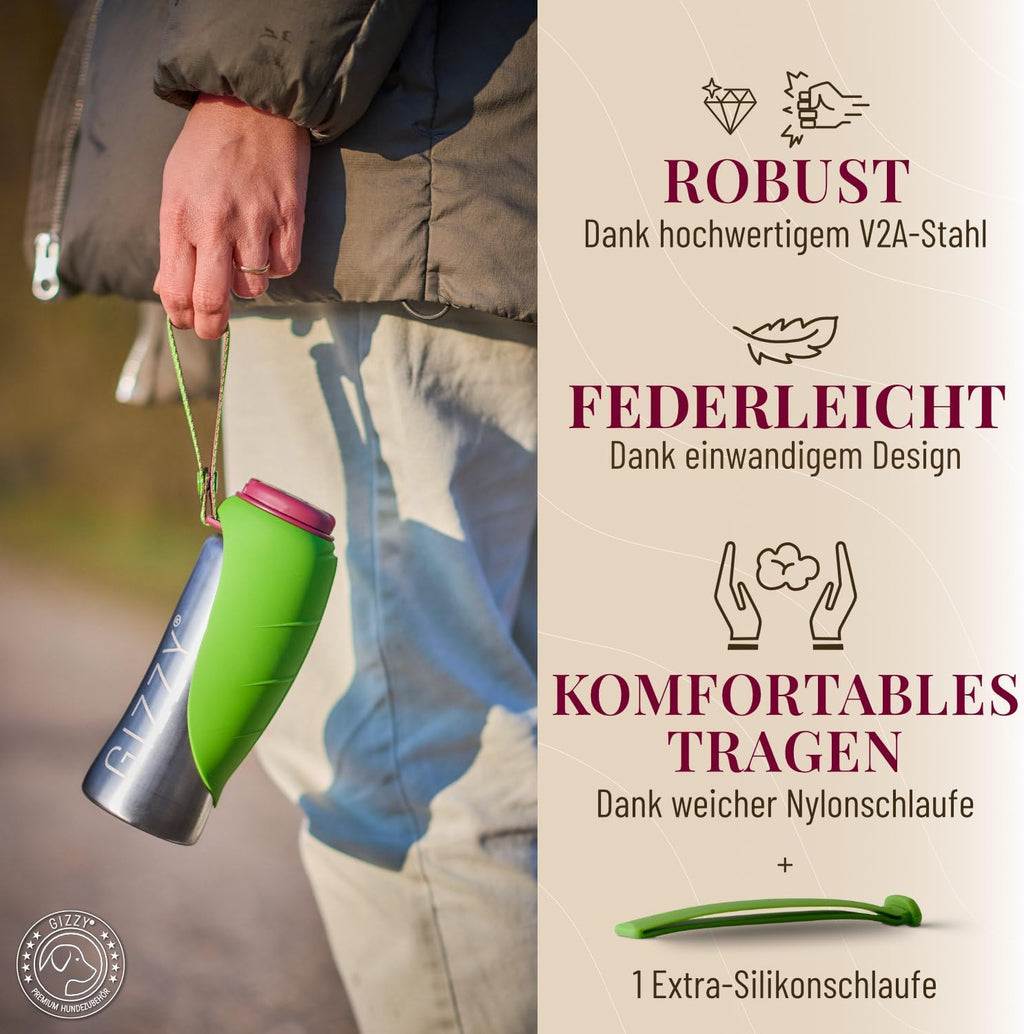 GIZZY Trinkflasche fuer Hunde Edelstahl auslaufsicher mit Handtuch