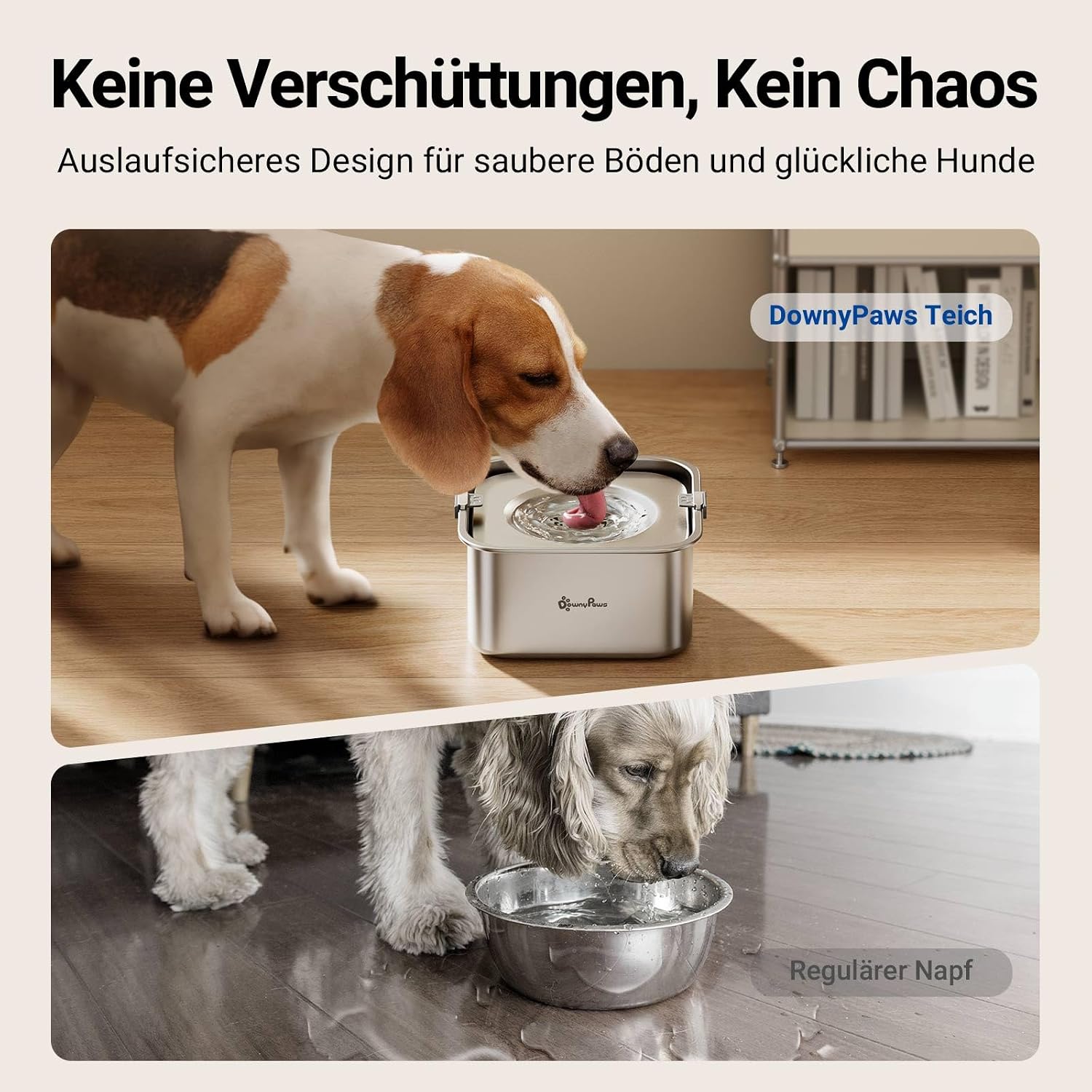 DownyPaws Hundewassernapf aus 304 Edelstahl, tropffrei, fuer drinnen und drauss