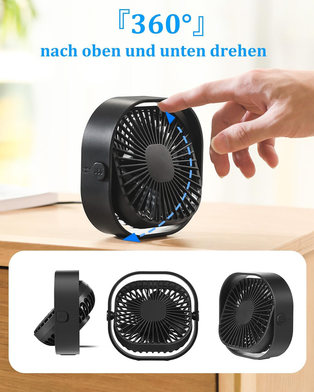 benpen Mini USB Tischventilator leise 3 Stufen, kompakt fuer Schreibtisch