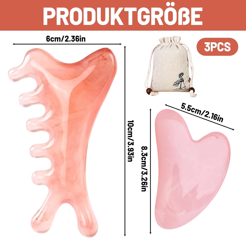 Gua Sha Set 3-teilig Gesichtsmassage Schaber Kamm fuer Augen Kiefer Kopf Pink