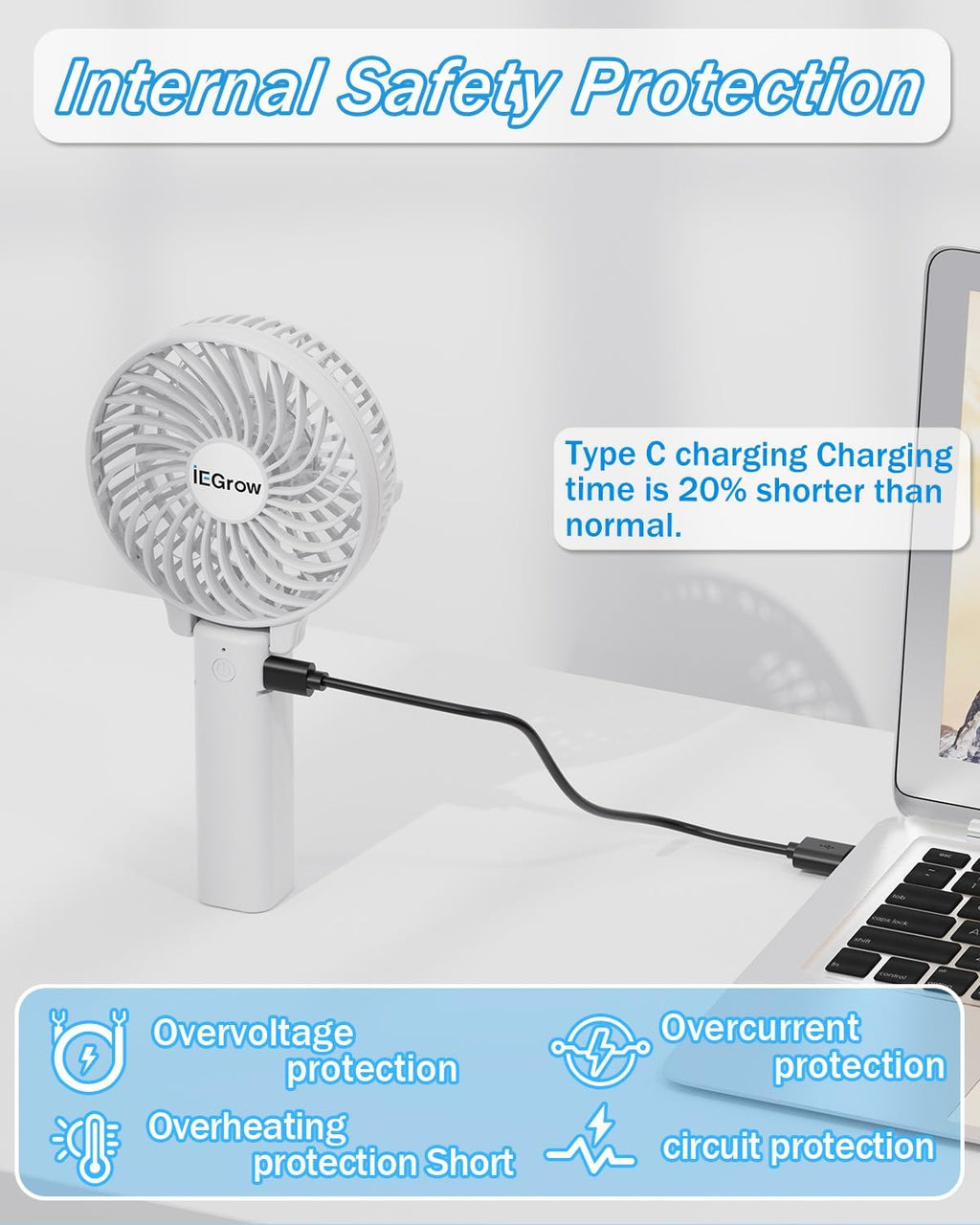 iEGrow tragbarer USB Handventilator wiederaufladbar 3 Geschwindigkeiten Schwarz