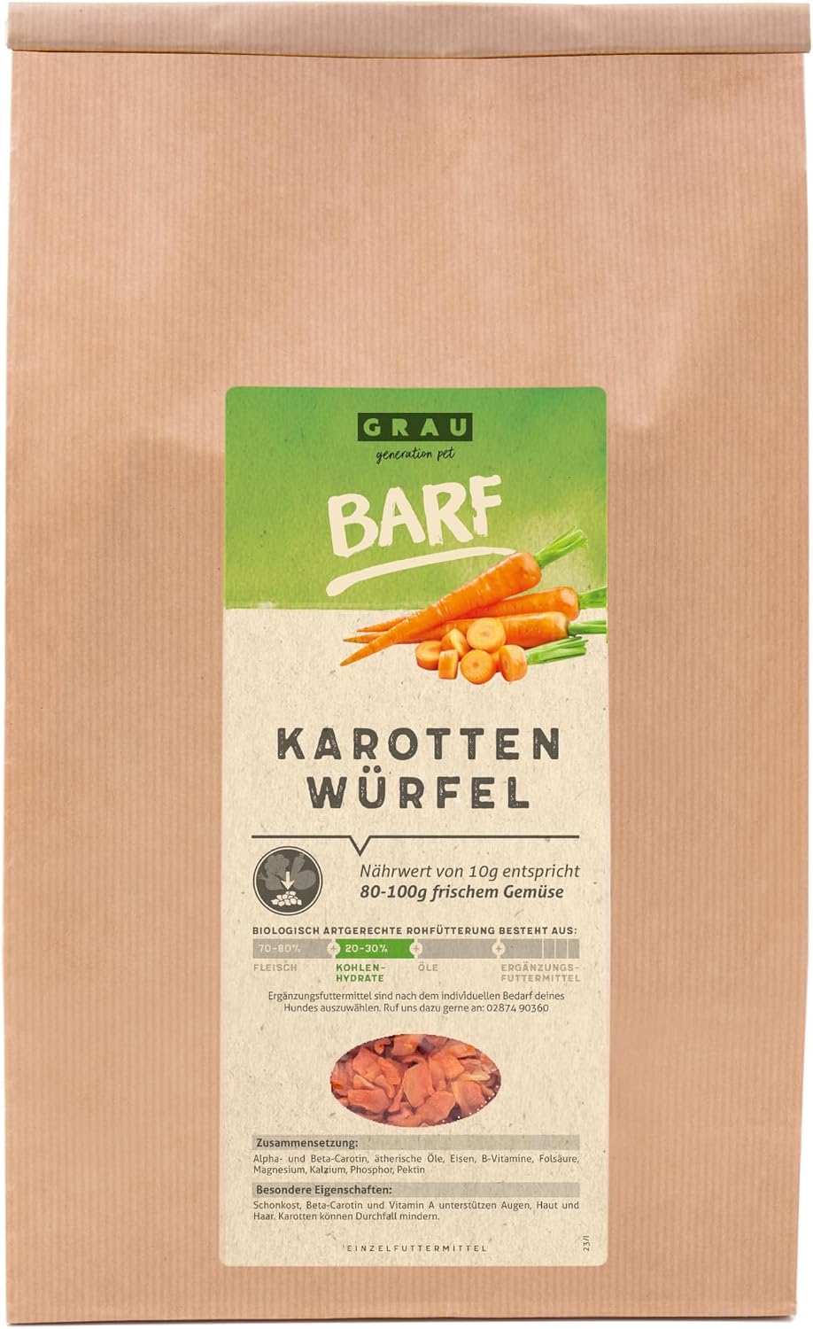 GRAU Trockengemüse Barf Hund Karottenwürfel 1,2 kg Ergänzungsfutter