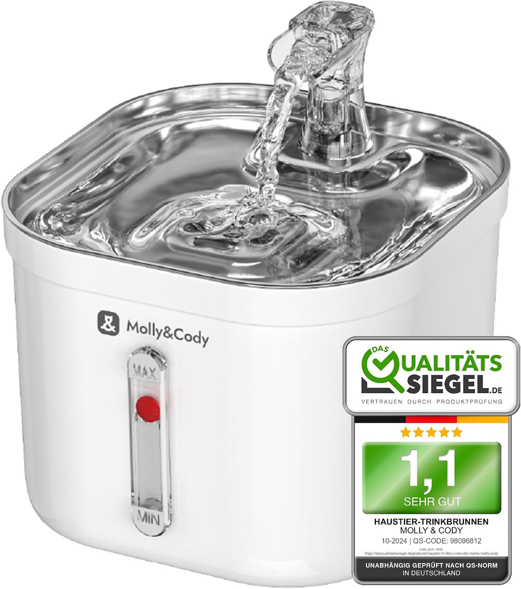 Molly&Cody Trinkbrunnen Spring fuer Katzen und Hunde, Edelstahl, leise Pumpe
