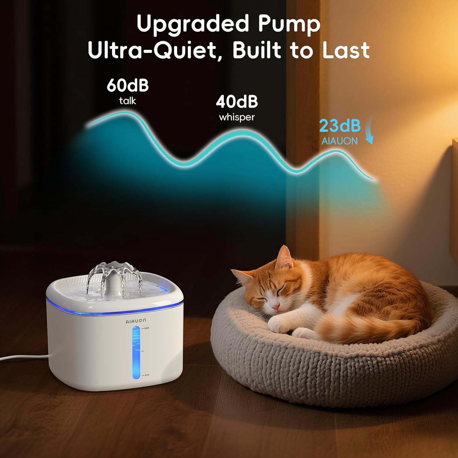 Katzen Trinkbrunnen leise mit LED Wasserstand und 2 Ersatzfiltern Weiss