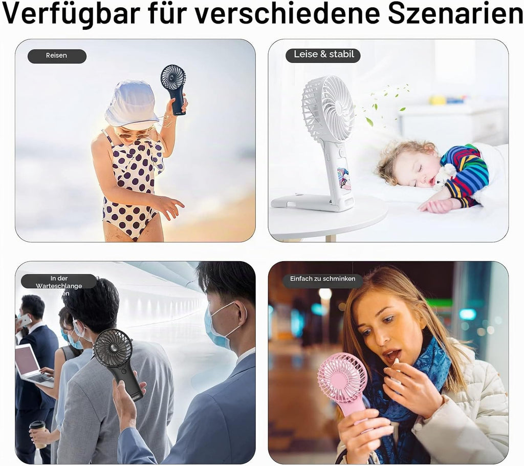 Handventilator USB wiederaufladbar 2000mAh 4 Stufen leiser Mini mit Spiegel