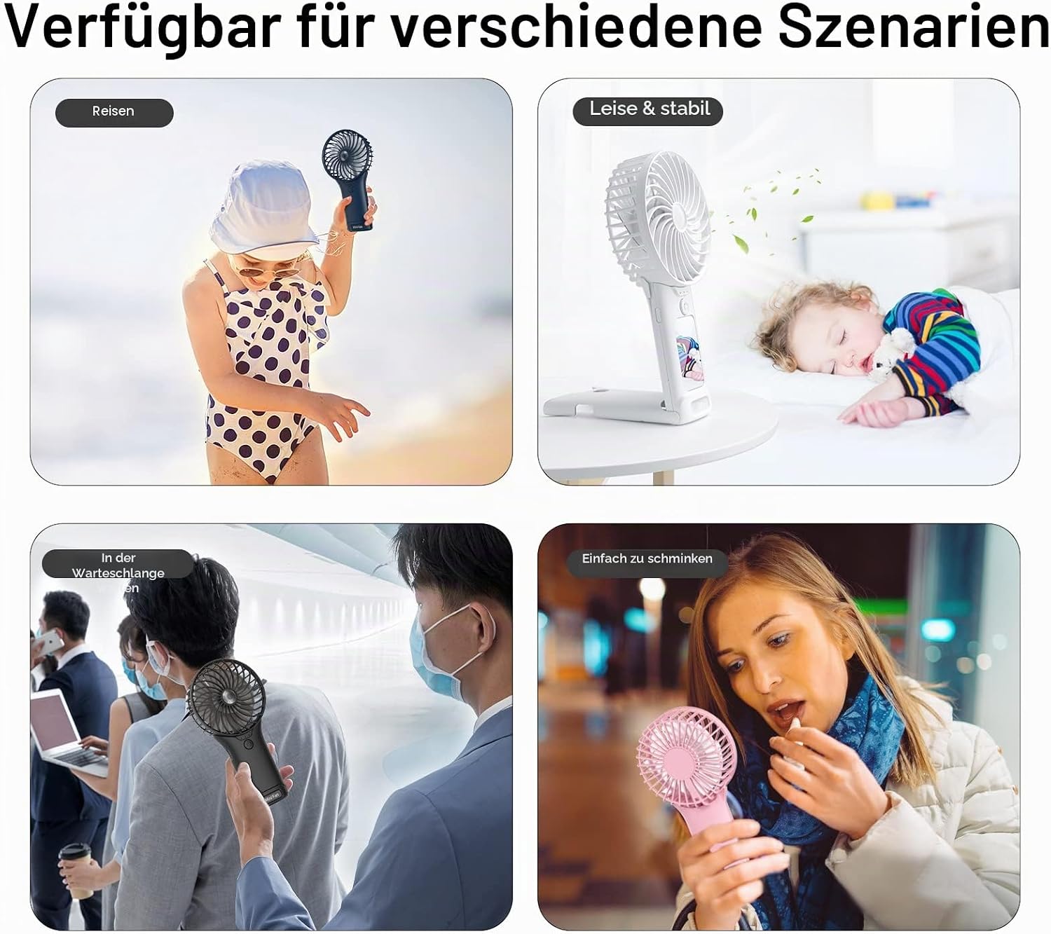 Handventilator USB wiederaufladbar 2000mAh 4 Stufen leiser Mini mit Spiegel