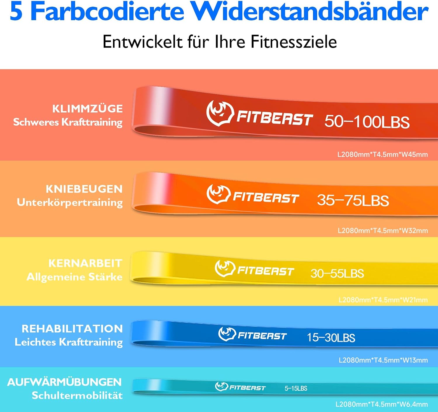 Fitbeast Widerstandsbaender Set 5 Level - Fitness Krafttraining Crossfit Muskelau