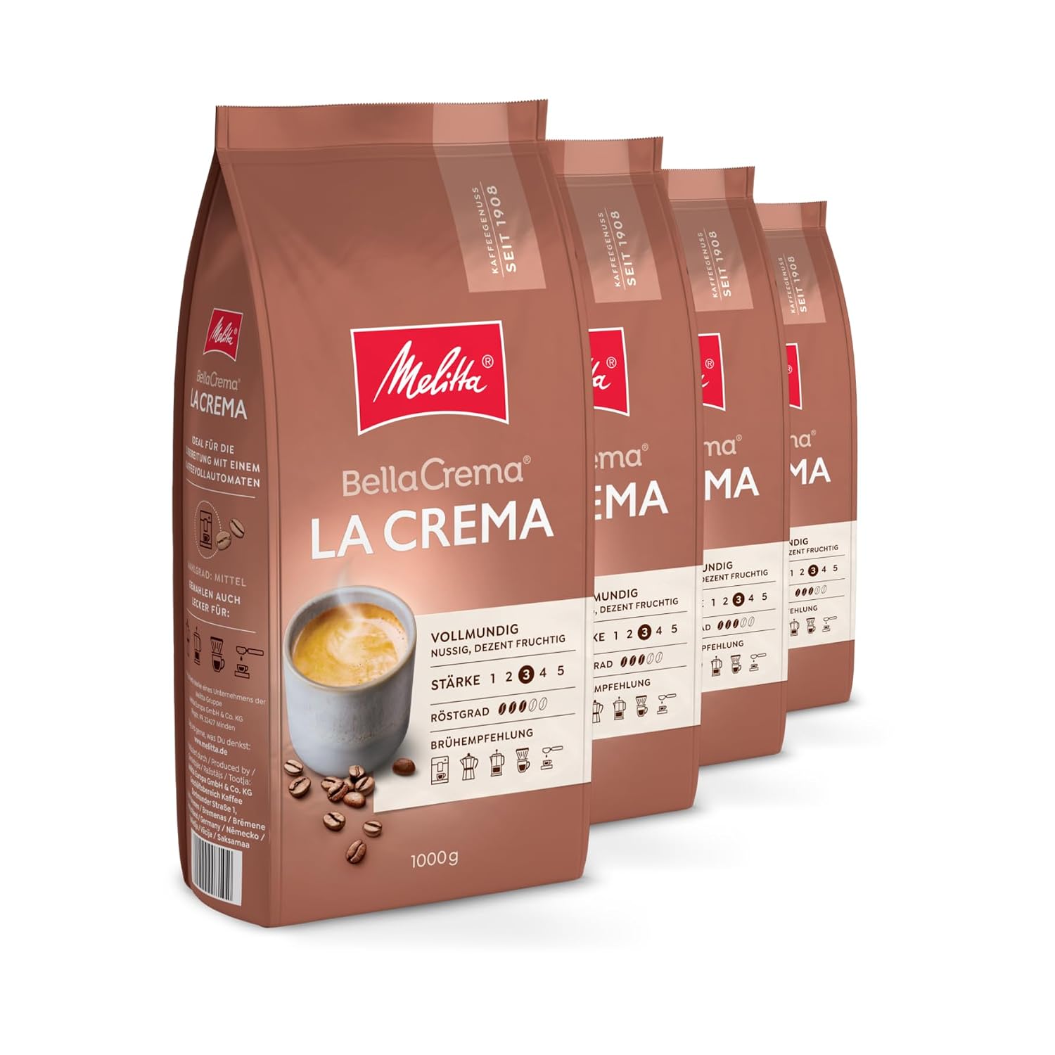 Melitta BellaCrema La Crema Kaffeebohnen mittlere Roestung Staerke 3 verschied