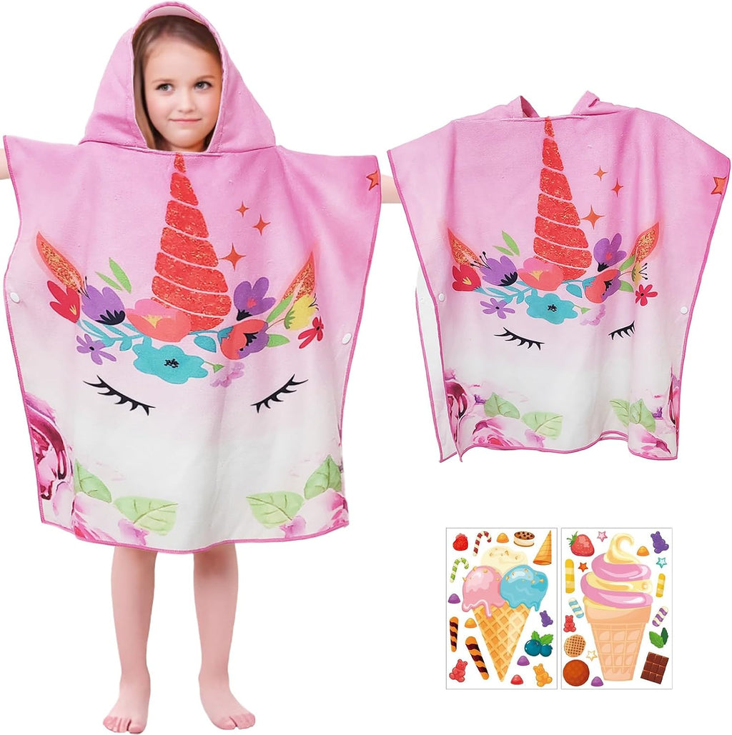 Badeponcho Kinder Mikrofaser mit Kapuze und Druckknoepfen, saugfaehig, Rosa Blumen