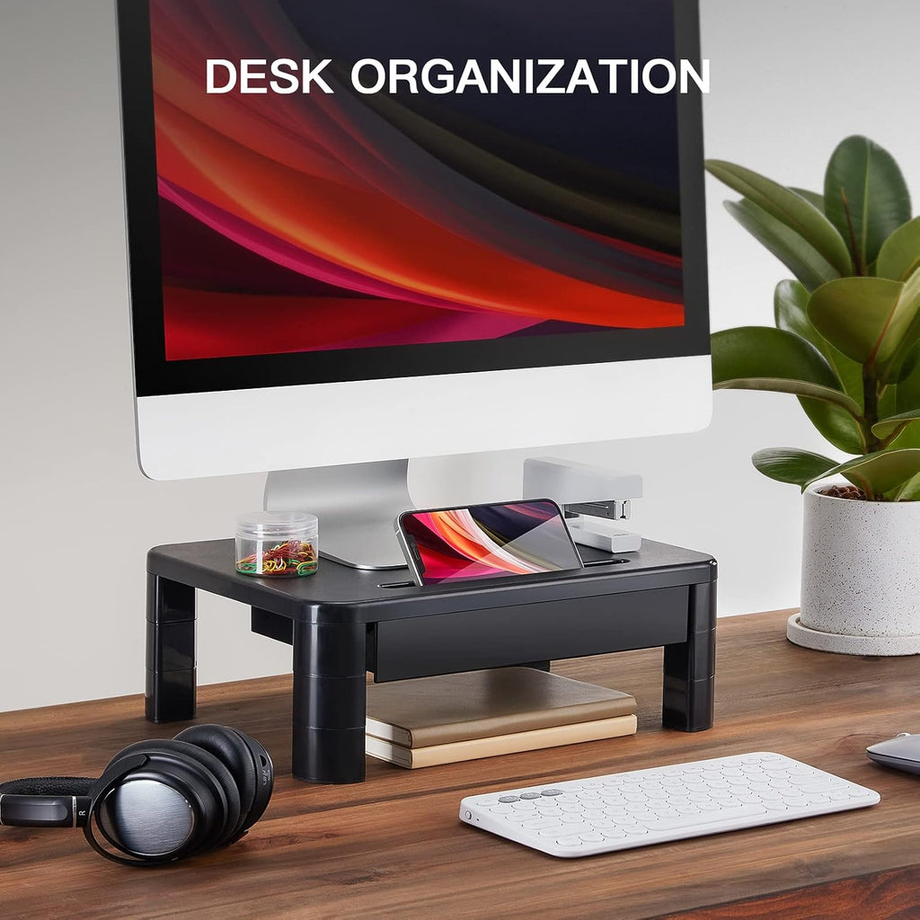 LORYERGO Monitorstaender hoehenverstellbar mit Schublade und Handyhalter PC Organi