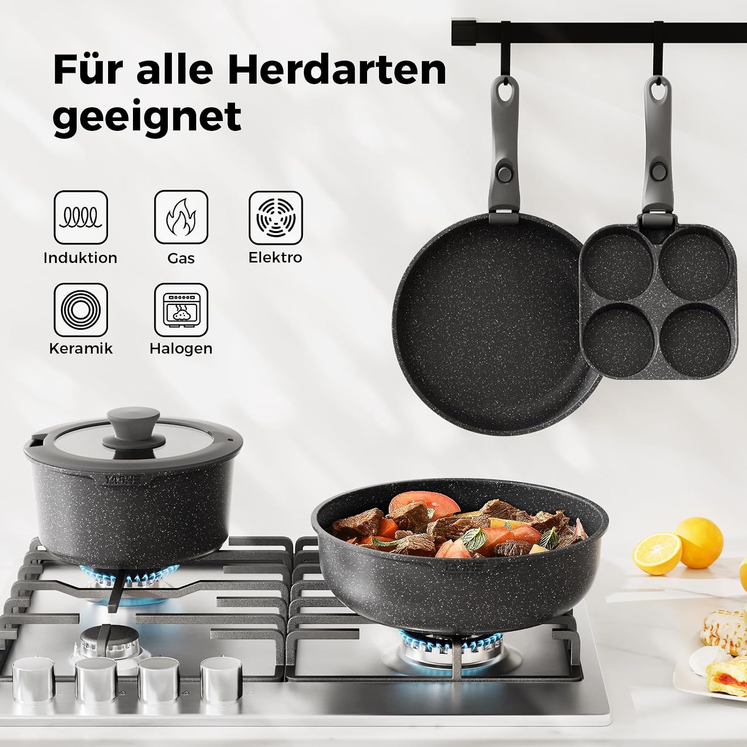 YASHE Topf- und Pfannenset 20-teilig mit abnehmbaren Griffen Induktion Grau
