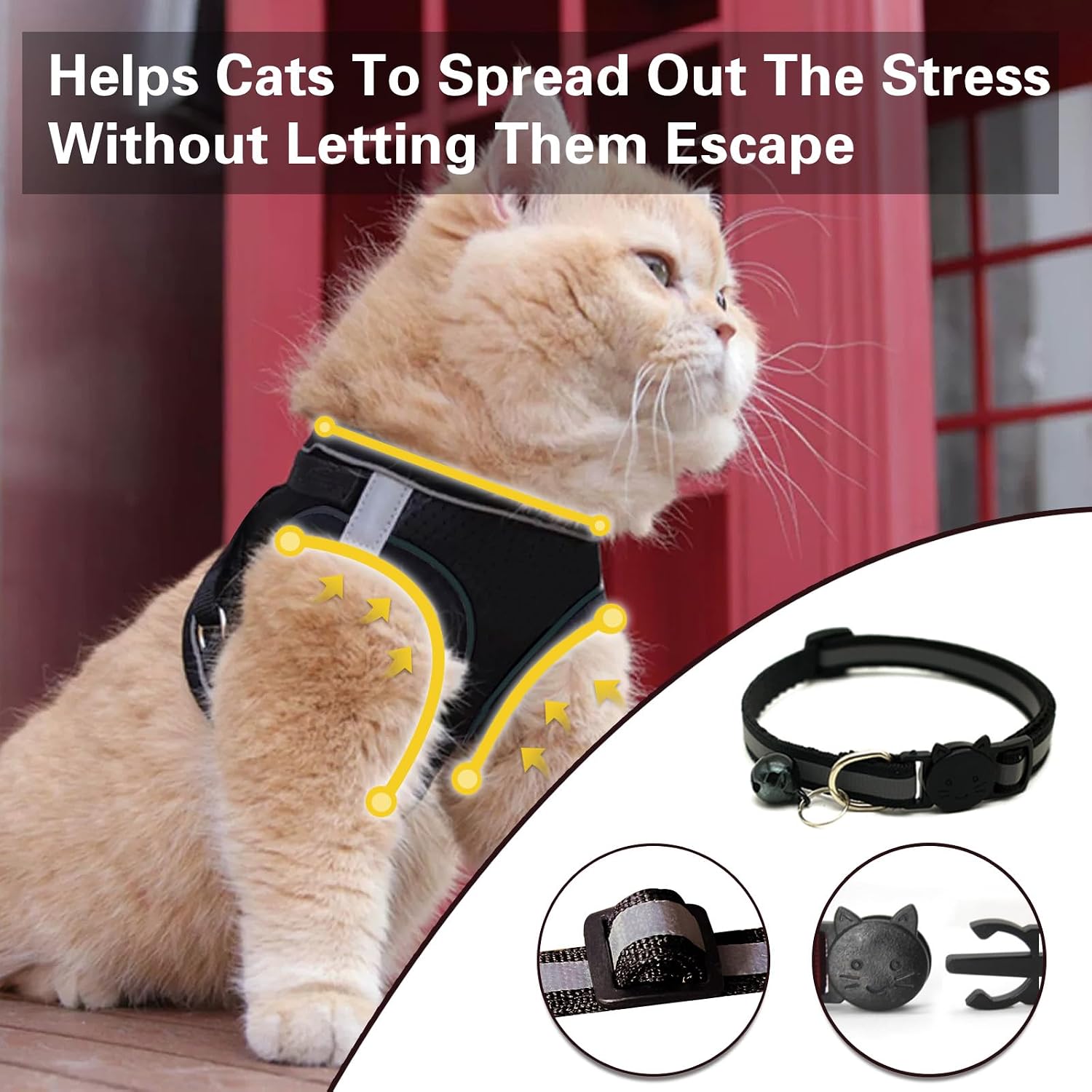 Verstellbares Katzengeschirr mit Leine, ausbruchsicher, reflektierend XS-M