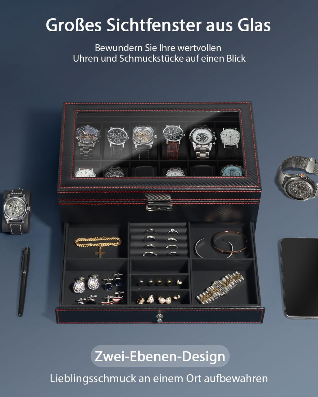 Uhren- und Sonnenbrillenbox mit Glasdeckel 6 Faecher Schmuckkasten Herren