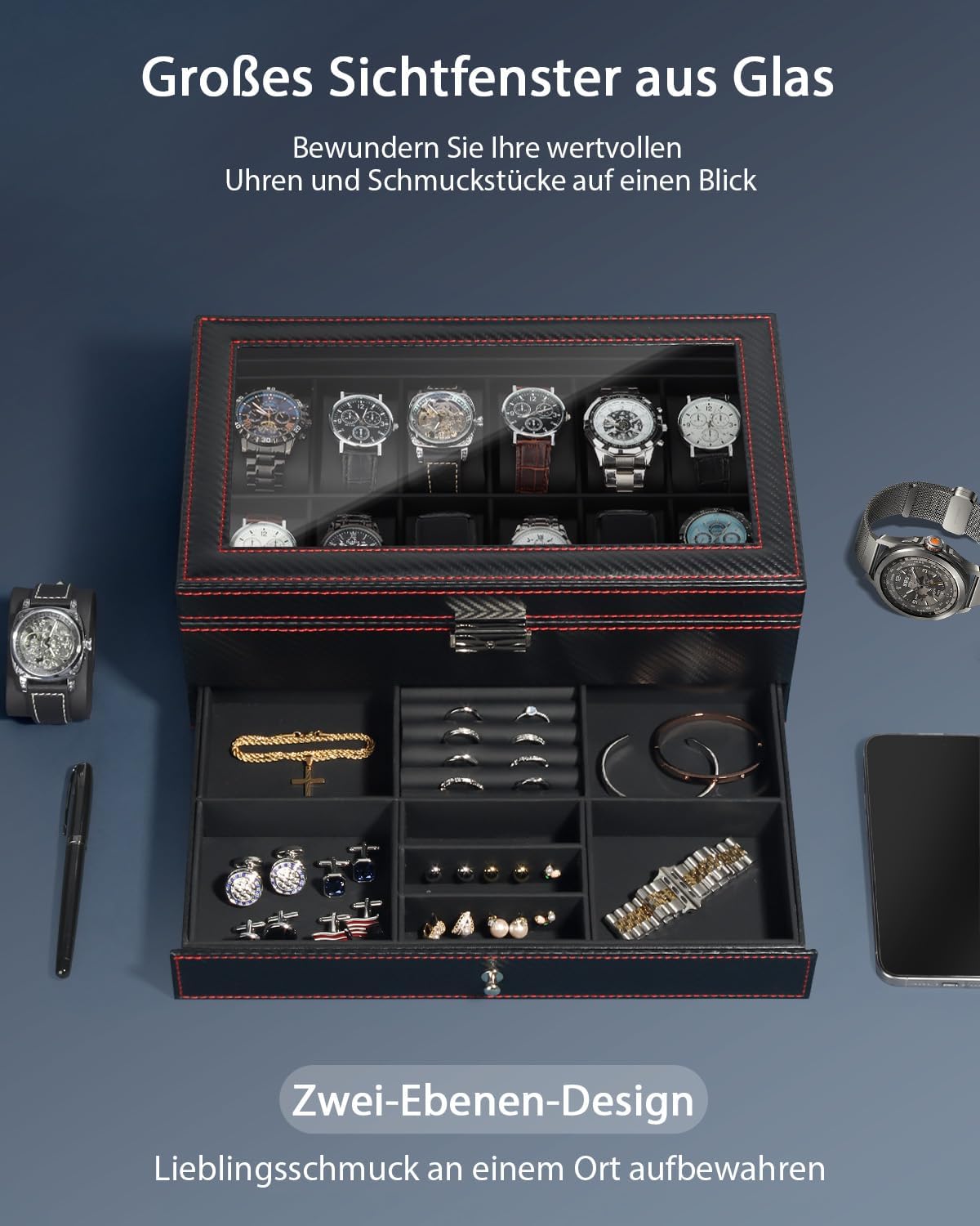 Uhren- und Sonnenbrillenbox mit Glasdeckel 6 Faecher Schmuckkasten Herren