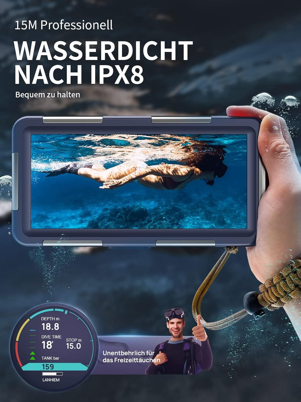 Lanhiem Wasserdichte IPX8 Handytasche bis 15m fuer iPhone Samsung Huawei Xiaomi R
