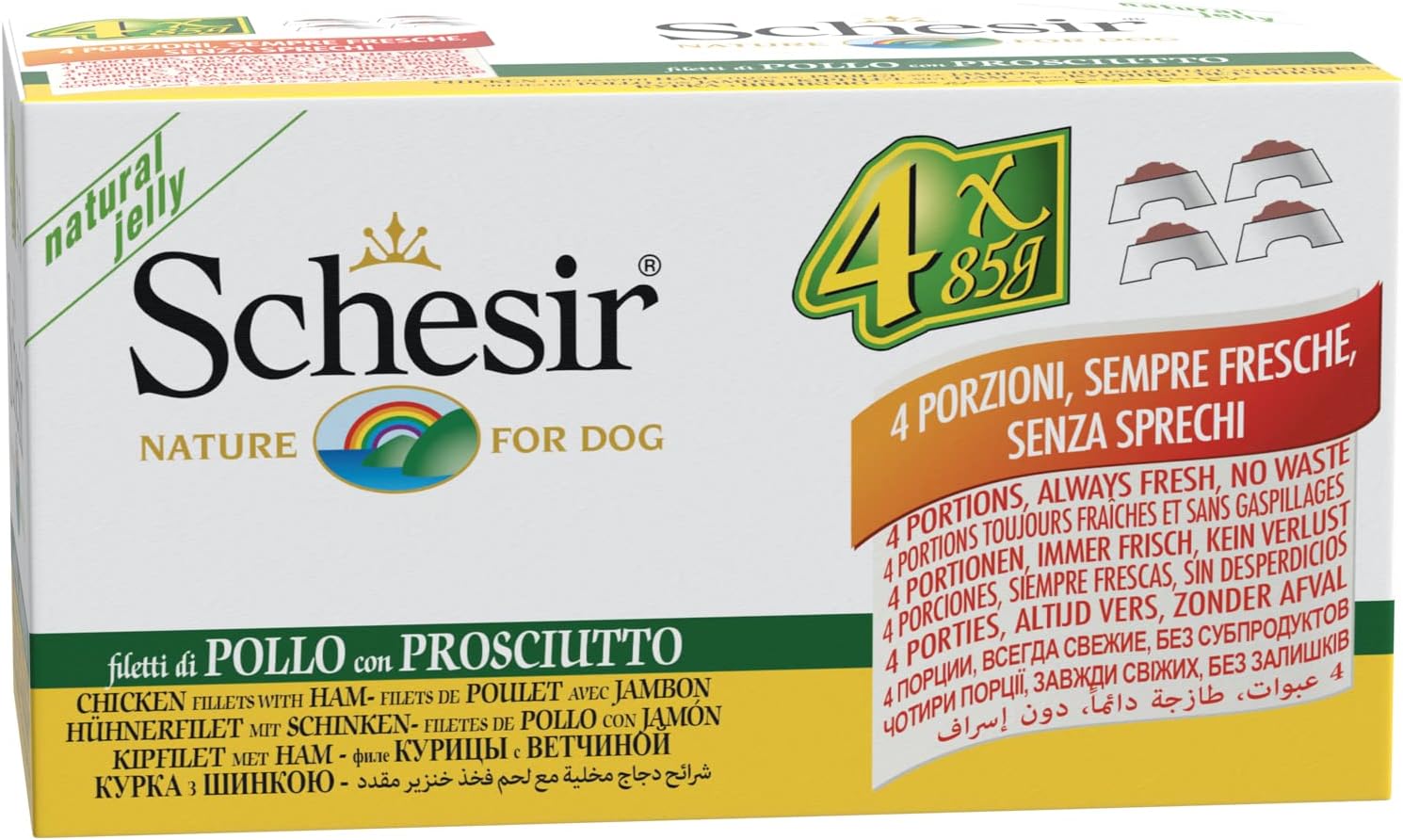 Schesir Dog Hundefutter nass verschiedene Sorten Huehnerfilet mit Lamm 6x4x85g