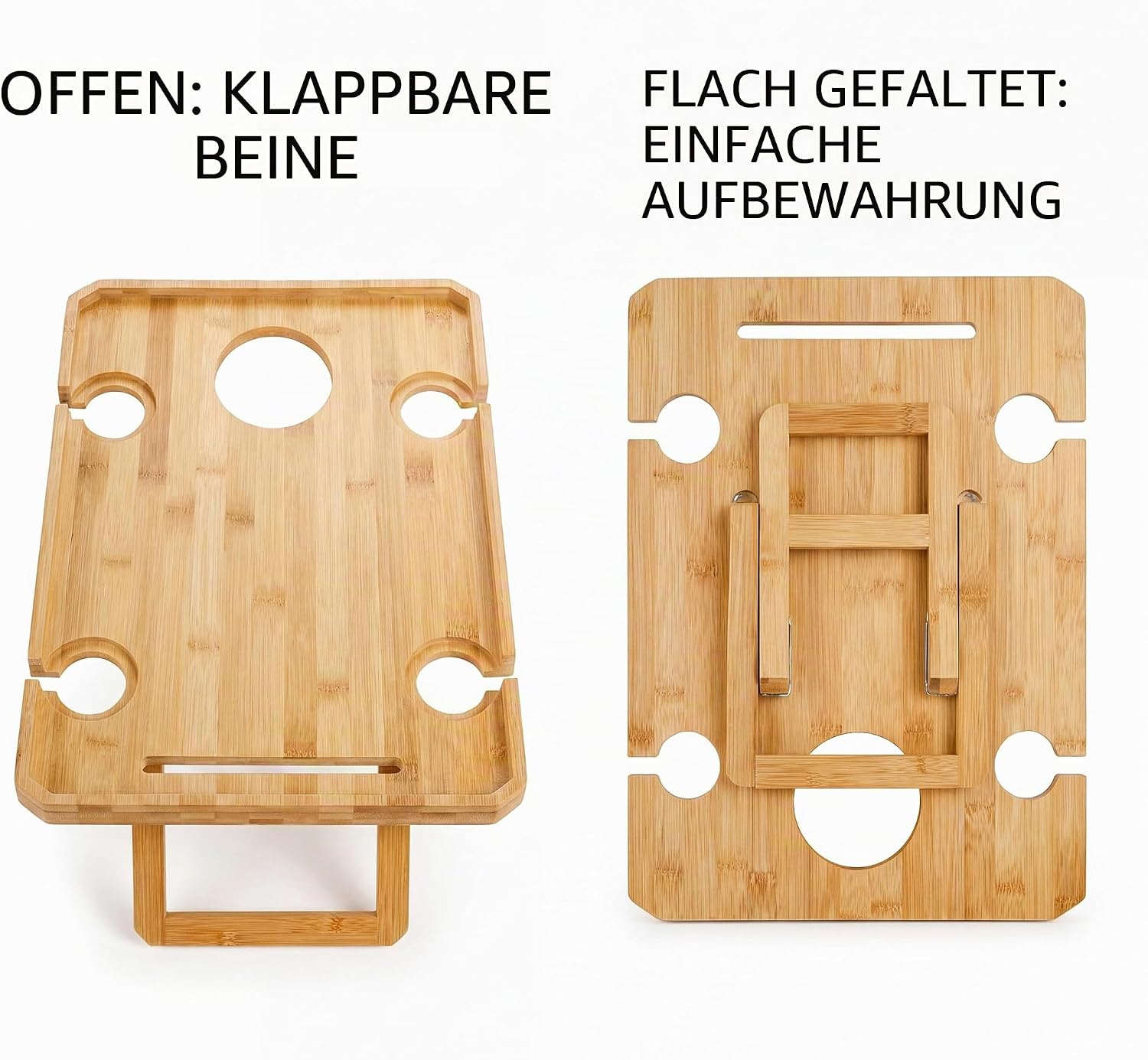 Kingrol Bambus Picknicktisch klappbar mit Flaschenhalter, Glas- und Besteckfach