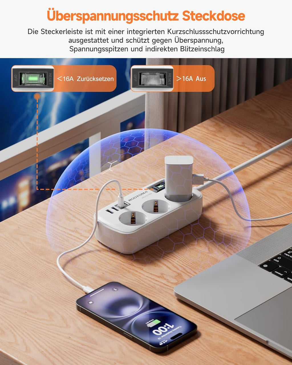 Steckdosenleiste 3-fach mit Ueberspannungsschutz und 4 USB 2x USB-C 1,5m-5m Weiss