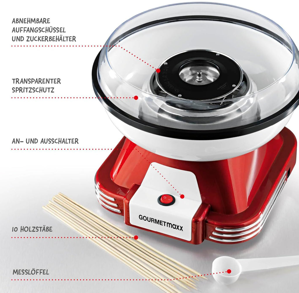 GOURMETmaxx Zuckerwattemaschine Retro mit Staebchen und Messloeffel Rot Weiss