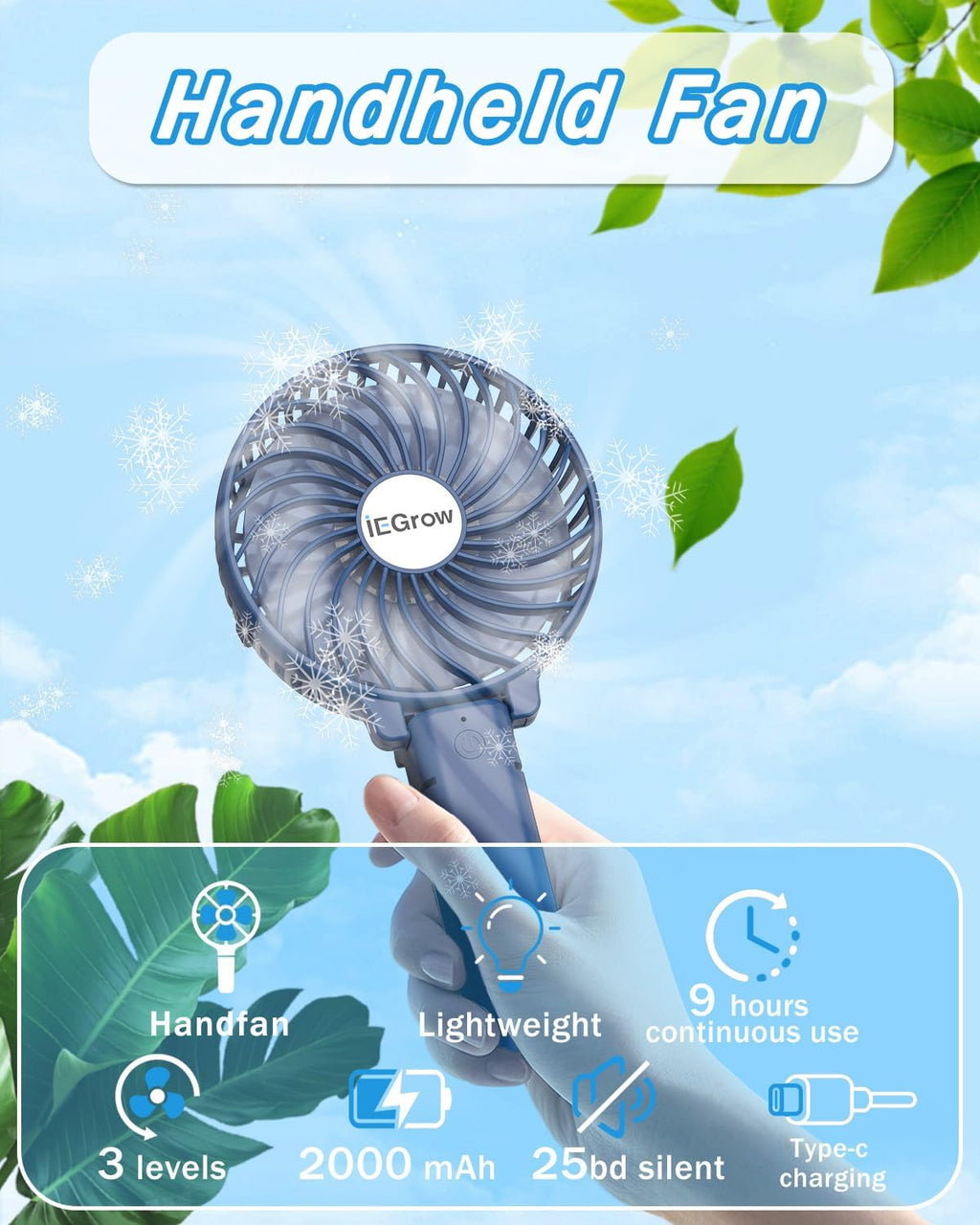 iEGrow tragbarer USB Handventilator wiederaufladbar 3 Geschwindigkeiten Schwarz