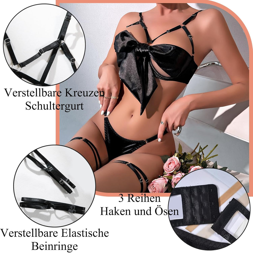 Damen Dessous-Set Sexy Satin Strapsen Hohl BH mit Schleife S-XL