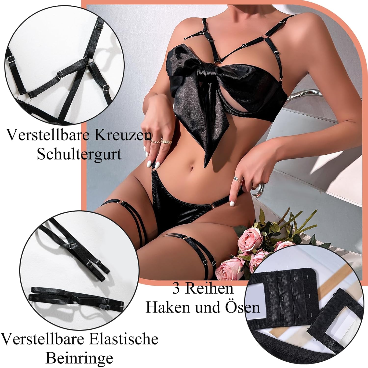 Damen Dessous-Set Sexy Satin Strapsen Hohl BH mit Schleife S-XL