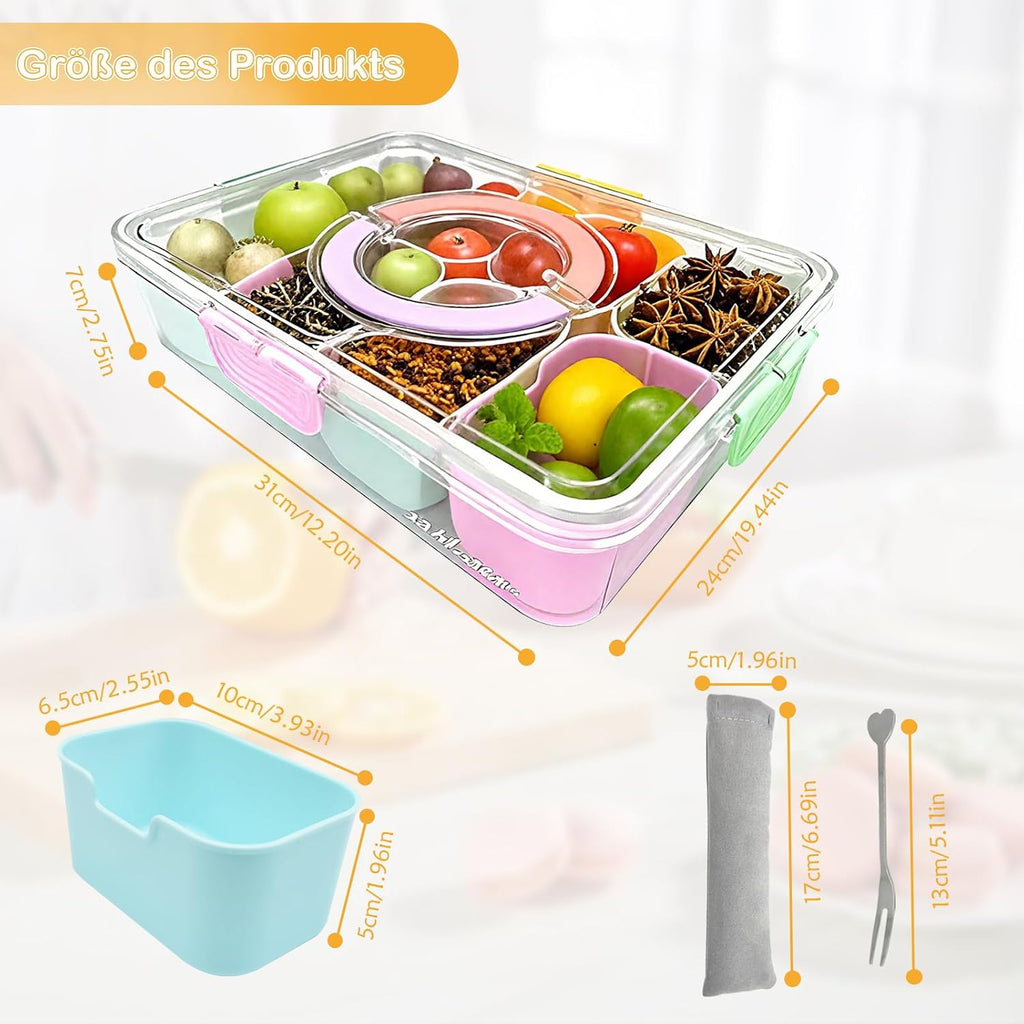 Snackbox 8 Faecher mit Deckel, 6 Obstgabeln und Besteckbeutel