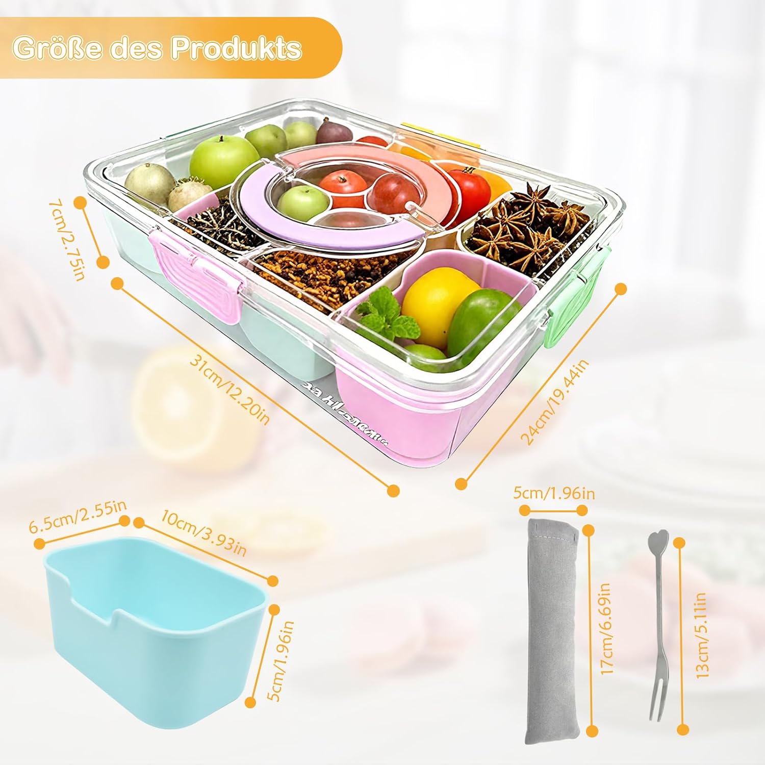 Snackbox 8 Faecher mit Deckel, 6 Obstgabeln und Besteckbeutel