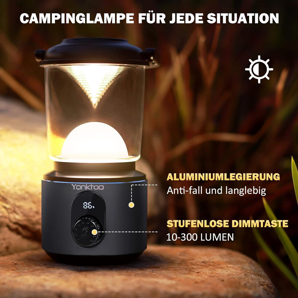 Yonktoo Campinglampe USB‑C 10400 mAh LED mit rotem Licht, LCD, IPX5