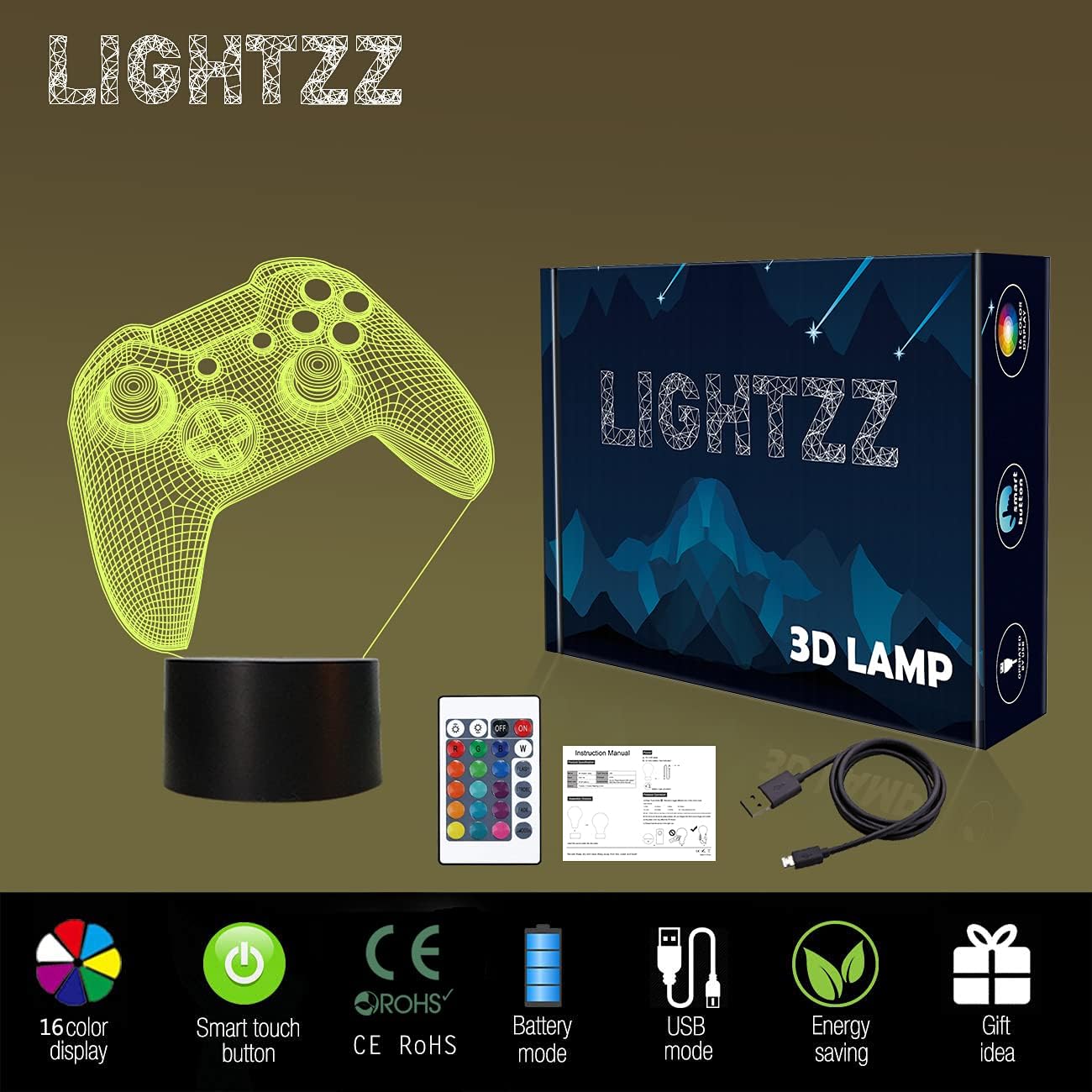 Lightzz 3D Gamepad Nachtlicht 16 Farben Touch Fernbedienung Timer