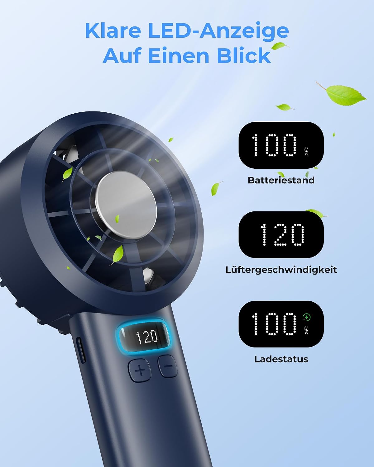Tragbarer USB Mini Handventilator 7000 RPM, 3000 mAh Akku, LED-Display