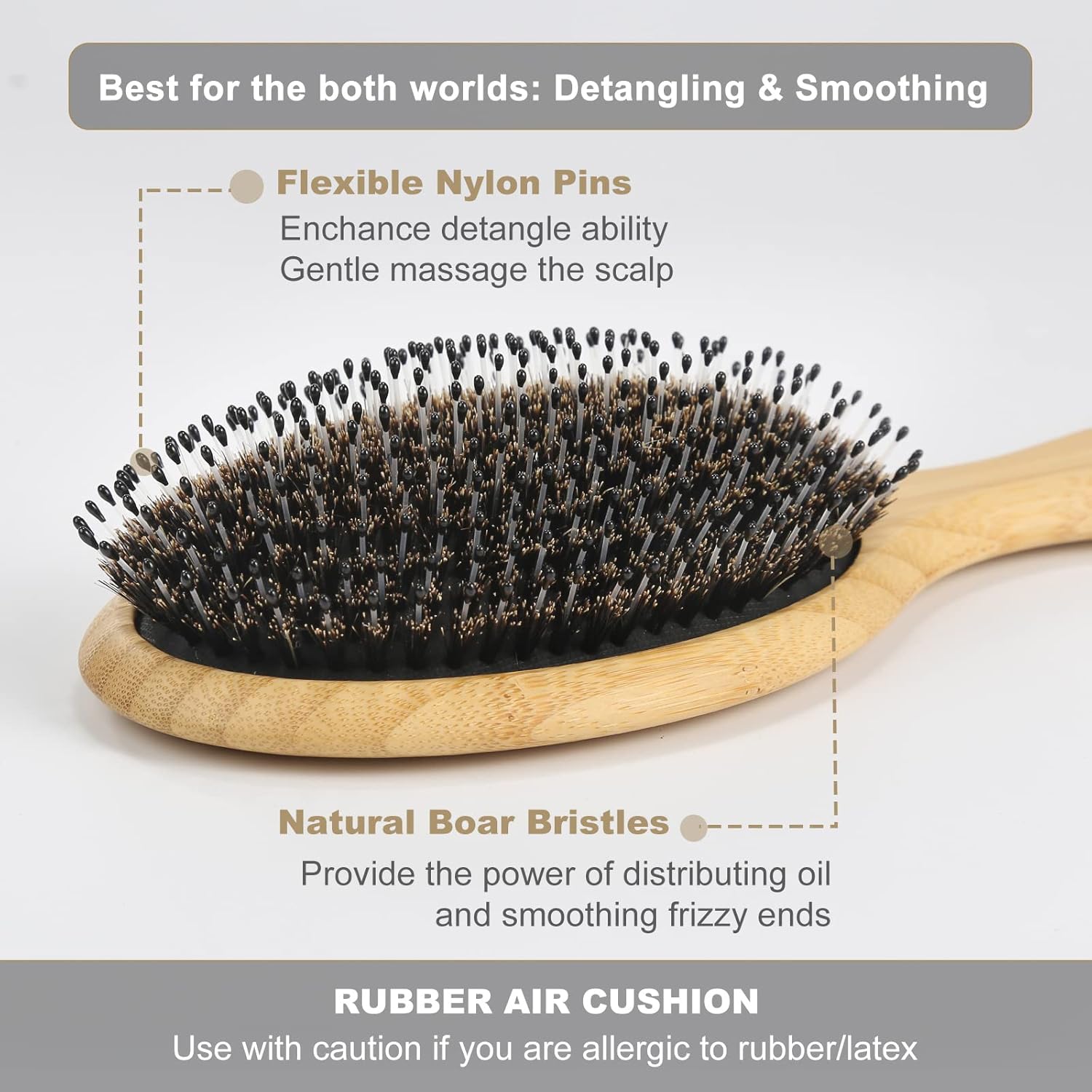BESTOOL Bambus Paddle Haarbuerste mit Wildschweinborsten und Nylon